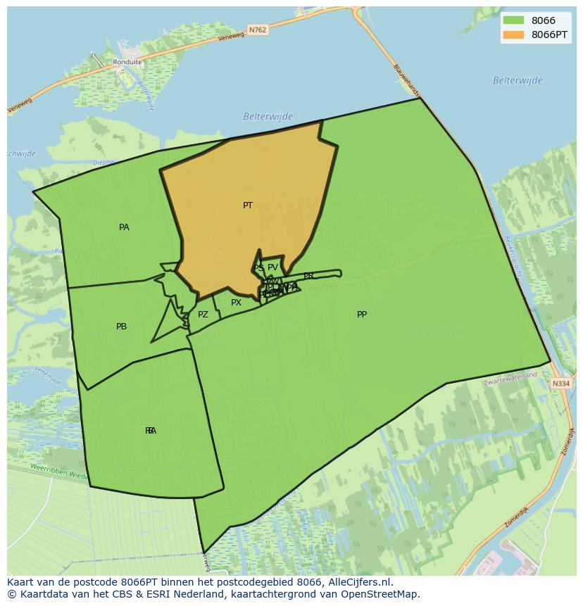 Afbeelding van het postcodegebied 8066 PT op de kaart.