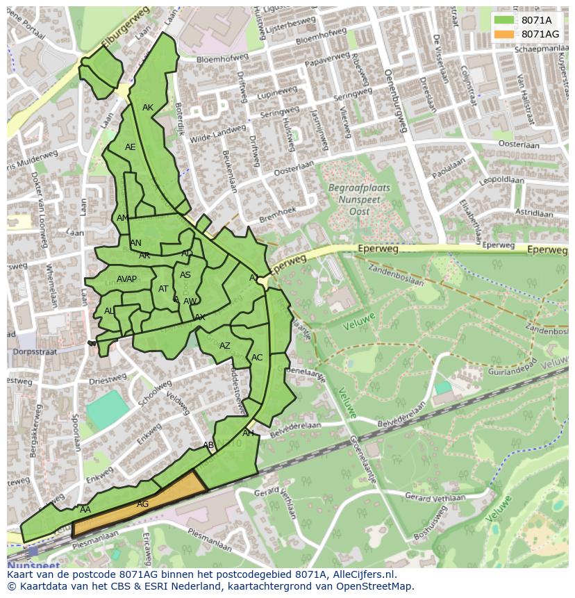 Afbeelding van het postcodegebied 8071 AG op de kaart.