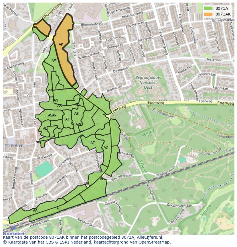 Afbeelding van het postcodegebied 8071 AK op de kaart.