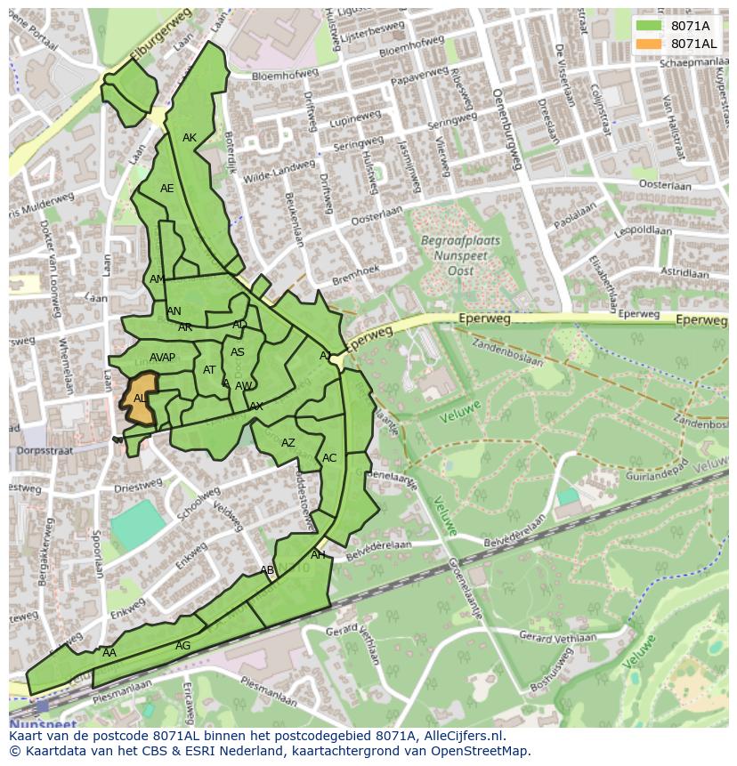 Afbeelding van het postcodegebied 8071 AL op de kaart.