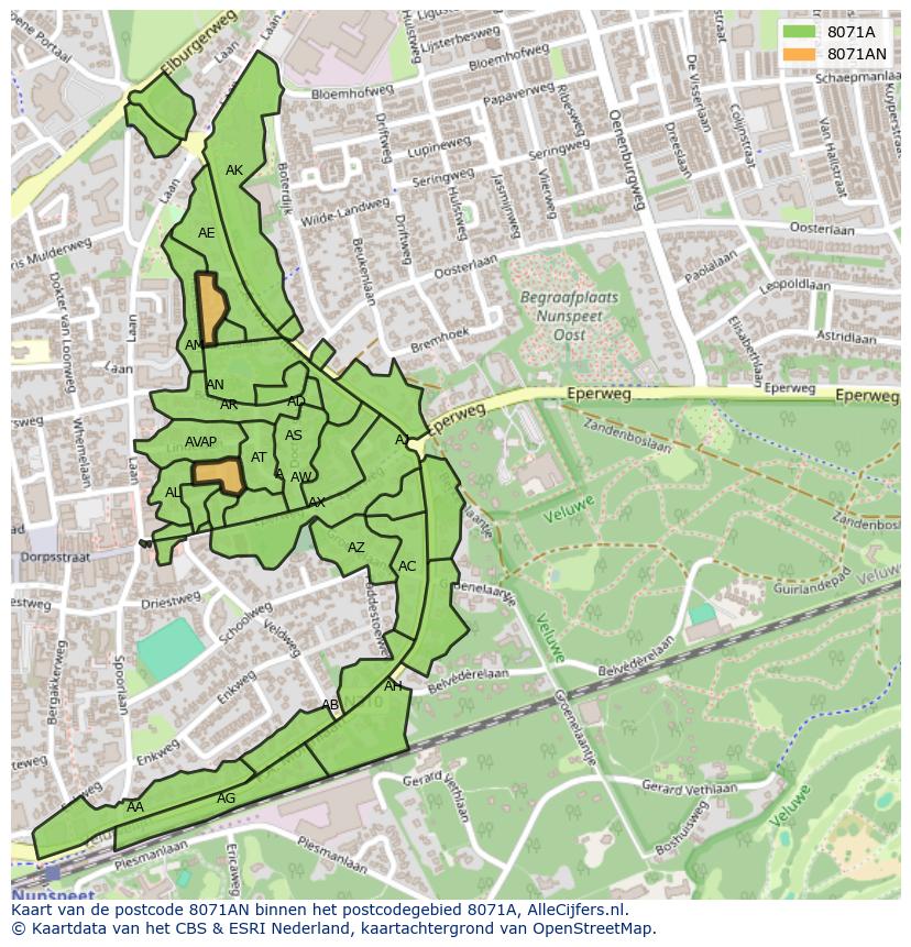 Afbeelding van het postcodegebied 8071 AN op de kaart.