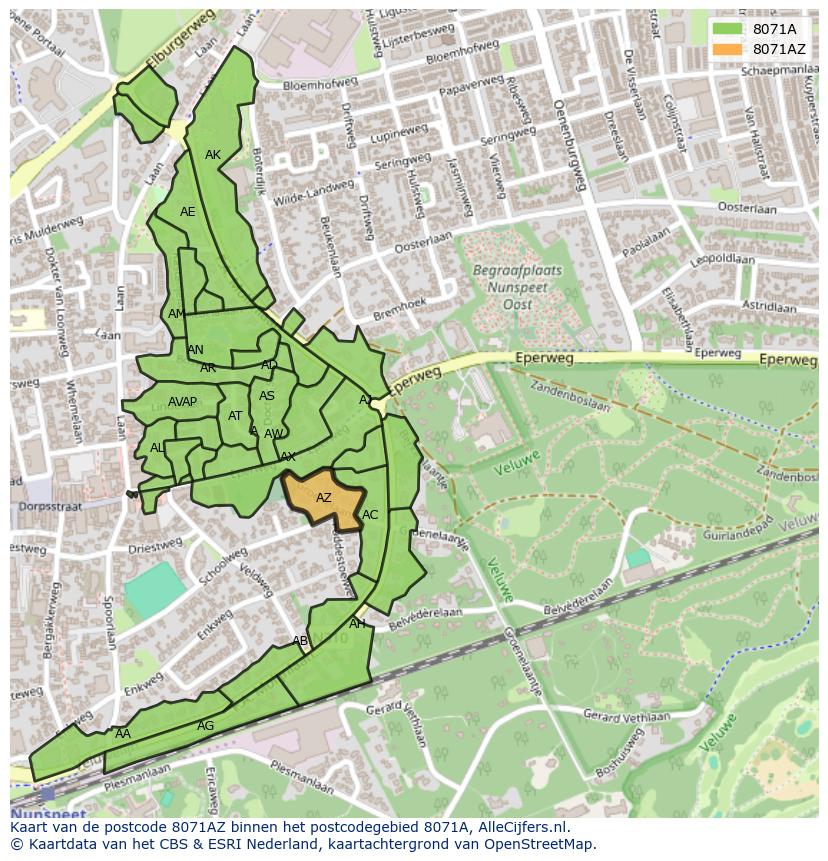 Afbeelding van het postcodegebied 8071 AZ op de kaart.