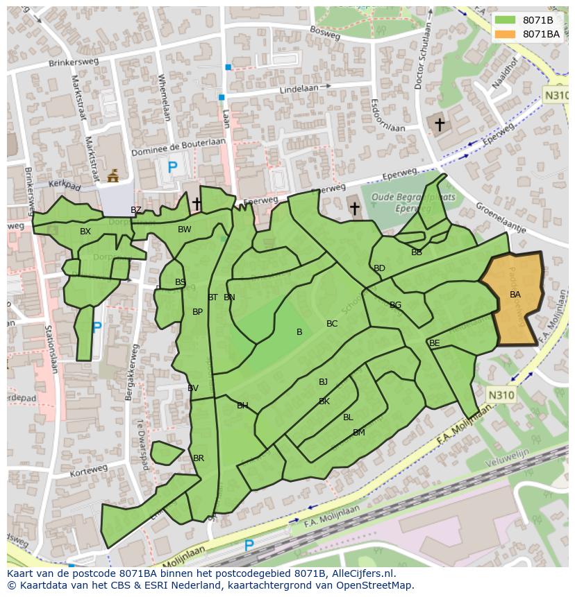 Afbeelding van het postcodegebied 8071 BA op de kaart.