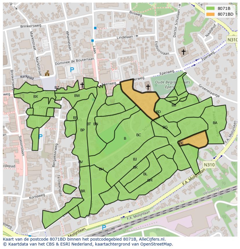 Afbeelding van het postcodegebied 8071 BD op de kaart.