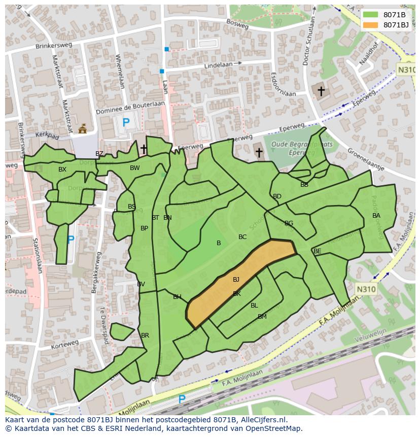Afbeelding van het postcodegebied 8071 BJ op de kaart.