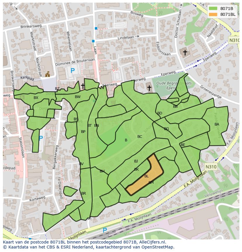 Afbeelding van het postcodegebied 8071 BL op de kaart.