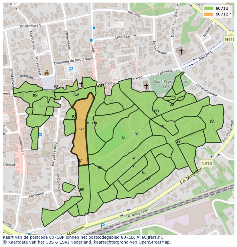 Afbeelding van het postcodegebied 8071 BP op de kaart.