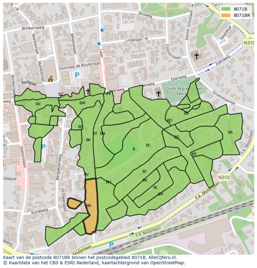 Afbeelding van het postcodegebied 8071 BR op de kaart.