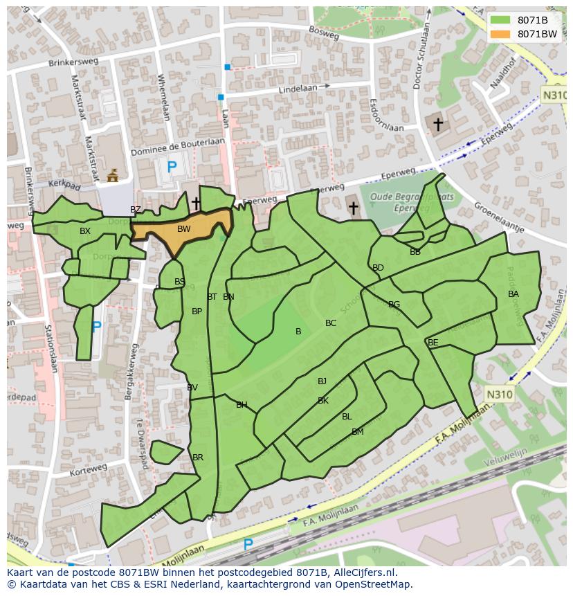 Afbeelding van het postcodegebied 8071 BW op de kaart.