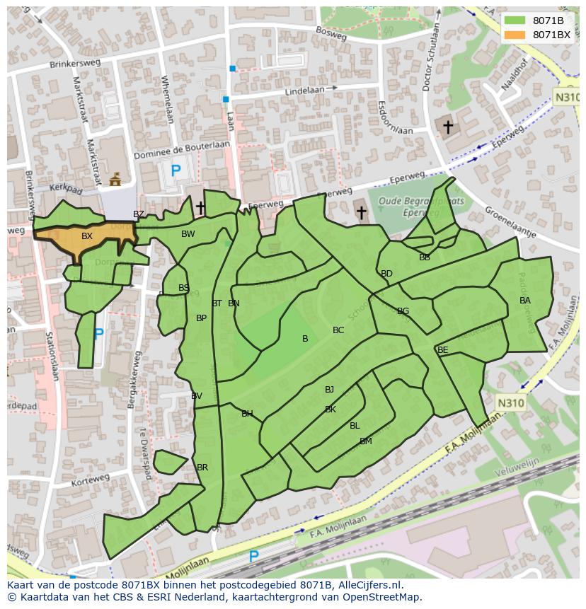 Afbeelding van het postcodegebied 8071 BX op de kaart.