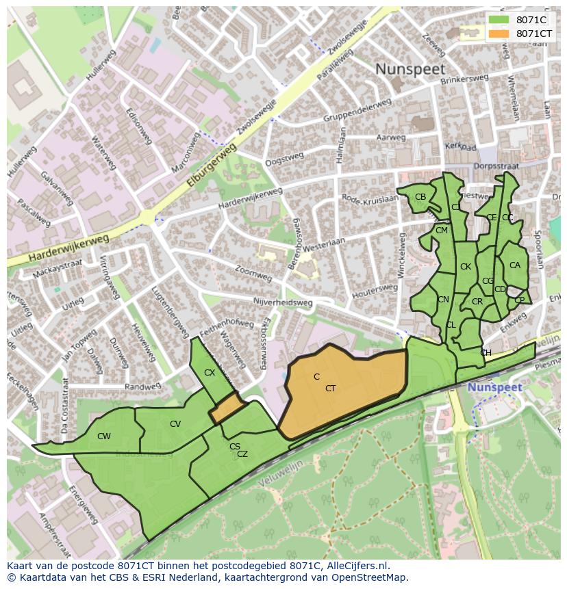 Afbeelding van het postcodegebied 8071 CT op de kaart.