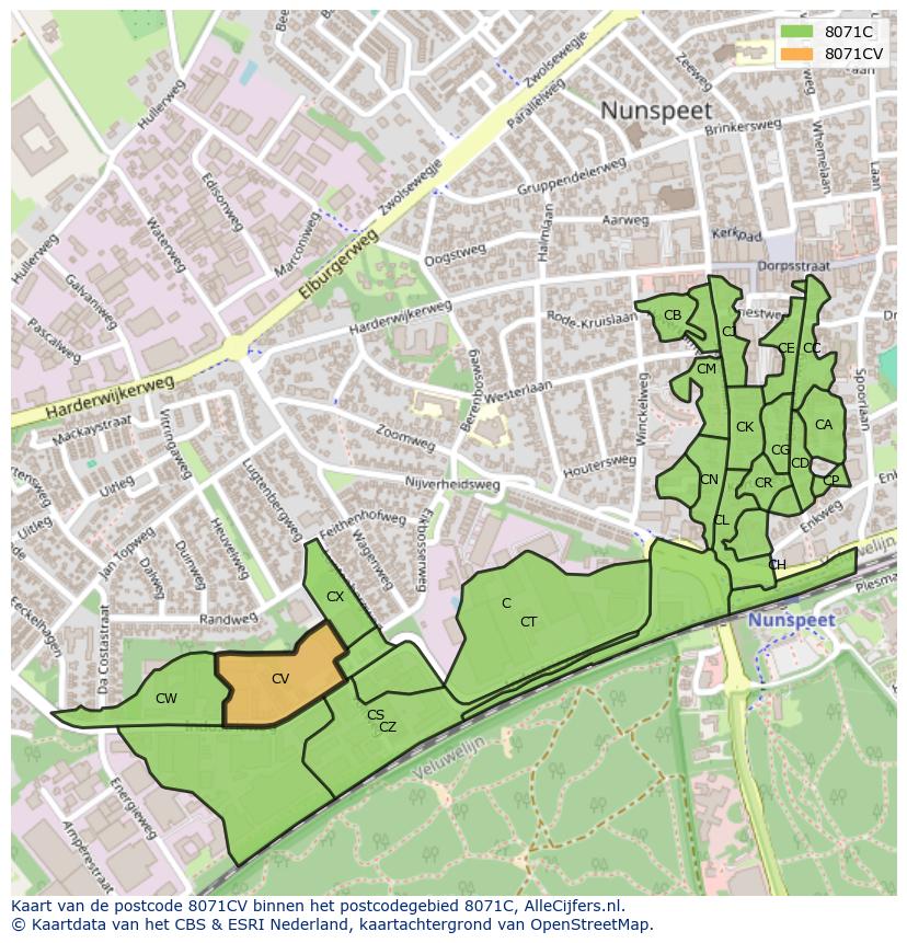 Afbeelding van het postcodegebied 8071 CV op de kaart.