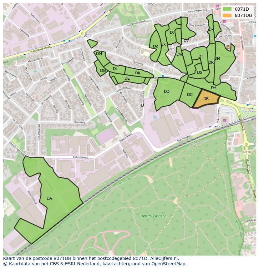 Afbeelding van het postcodegebied 8071 DB op de kaart.