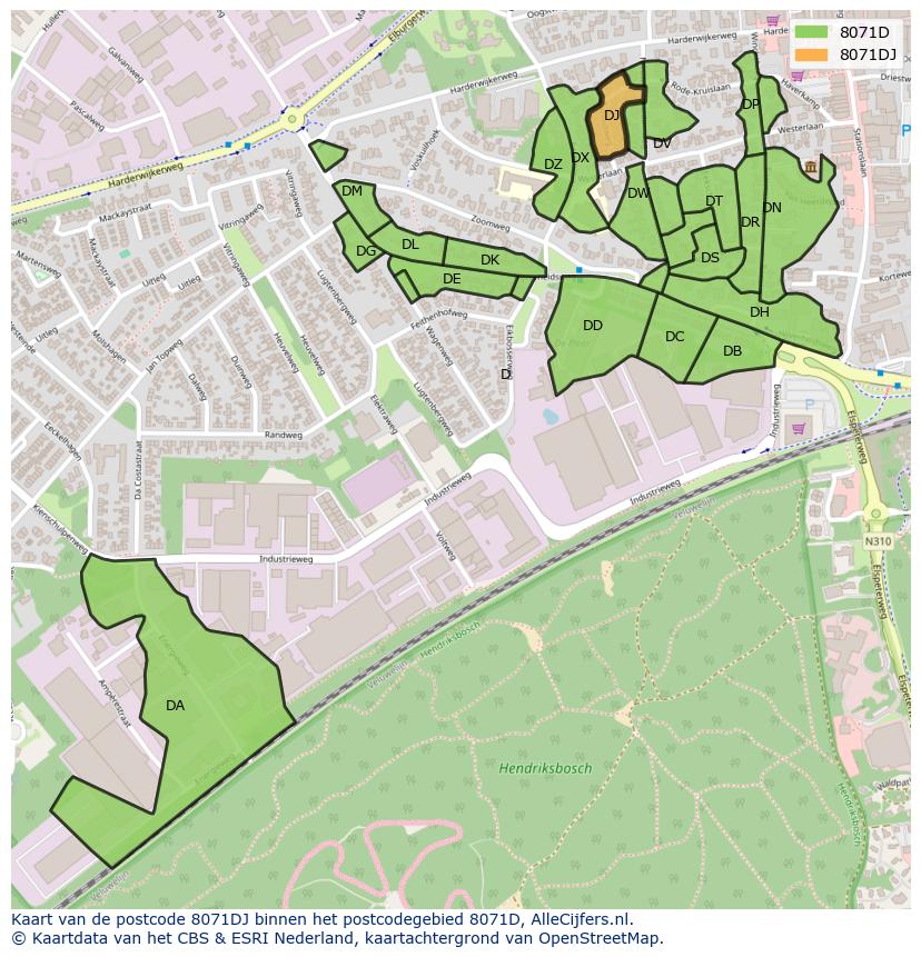 Afbeelding van het postcodegebied 8071 DJ op de kaart.