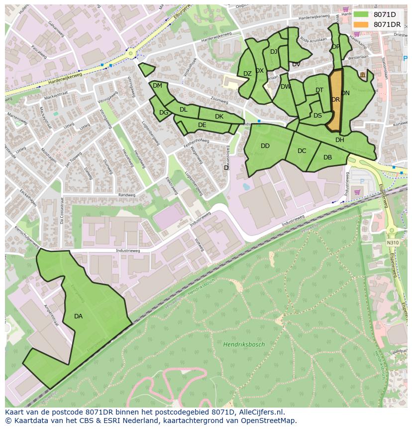 Afbeelding van het postcodegebied 8071 DR op de kaart.