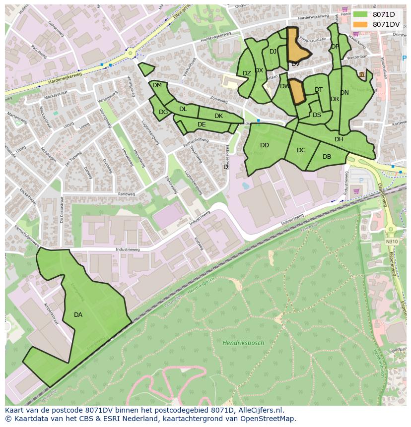 Afbeelding van het postcodegebied 8071 DV op de kaart.