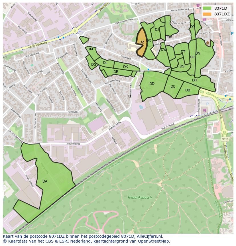 Afbeelding van het postcodegebied 8071 DZ op de kaart.