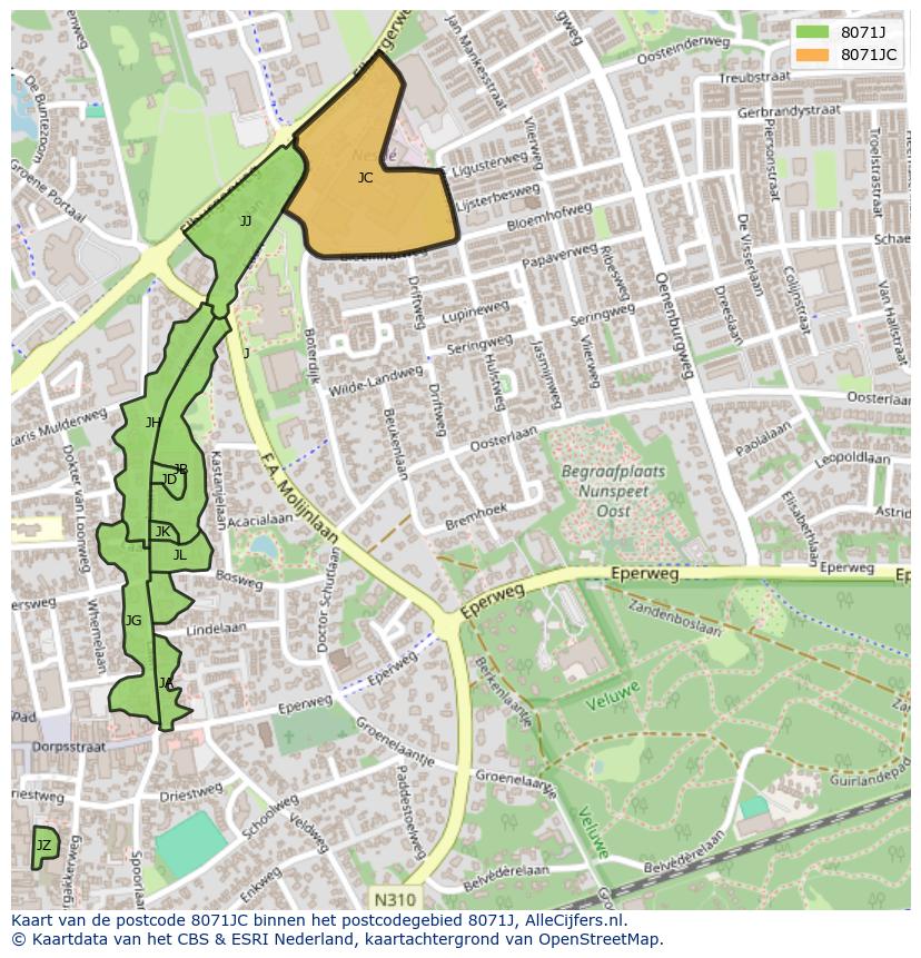 Afbeelding van het postcodegebied 8071 JC op de kaart.