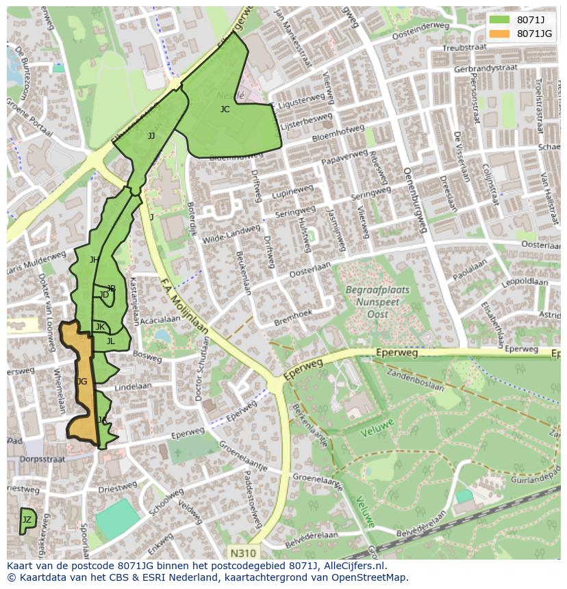 Afbeelding van het postcodegebied 8071 JG op de kaart.