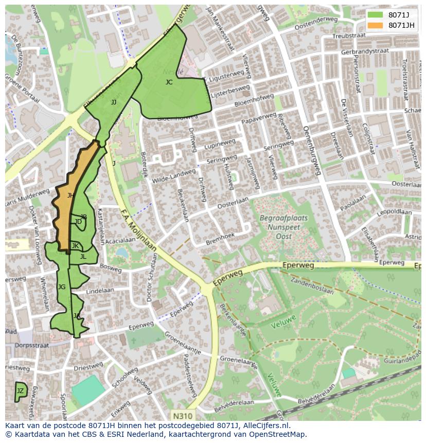 Afbeelding van het postcodegebied 8071 JH op de kaart.