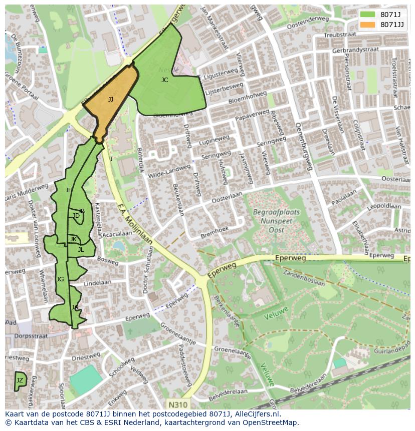Afbeelding van het postcodegebied 8071 JJ op de kaart.