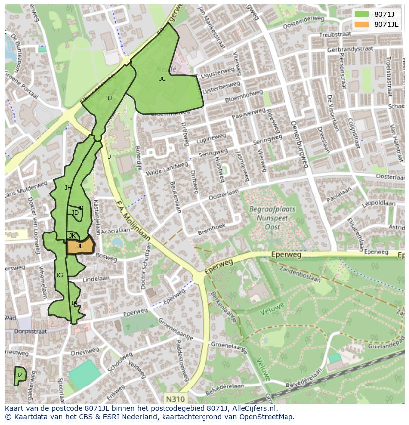 Afbeelding van het postcodegebied 8071 JL op de kaart.
