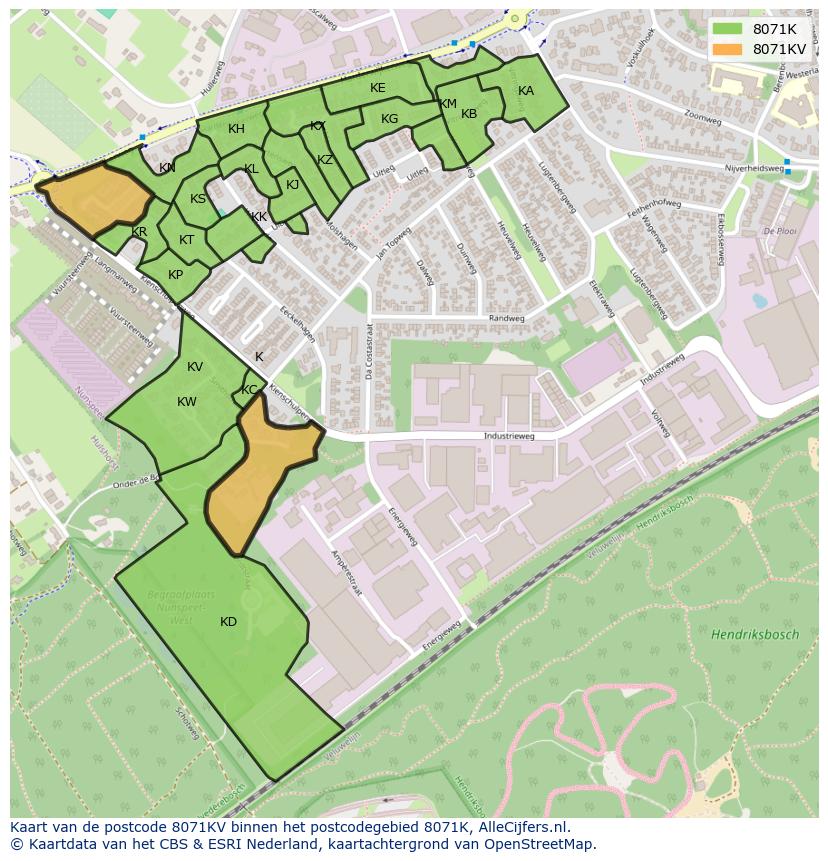 Afbeelding van het postcodegebied 8071 KV op de kaart.