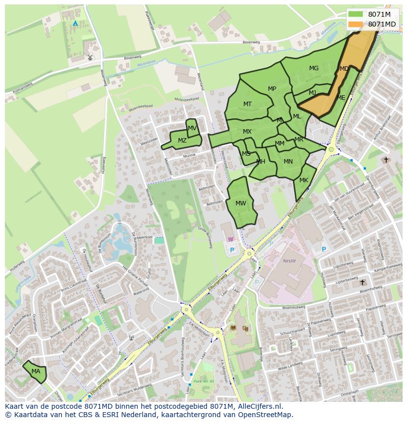 Afbeelding van het postcodegebied 8071 MD op de kaart.