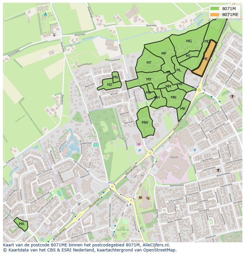 Afbeelding van het postcodegebied 8071 ME op de kaart.