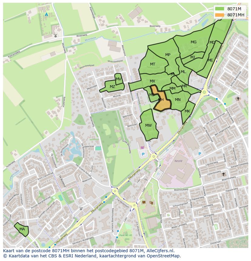 Afbeelding van het postcodegebied 8071 MH op de kaart.