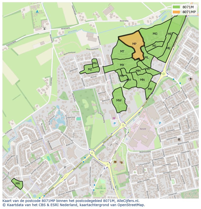 Afbeelding van het postcodegebied 8071 MP op de kaart.