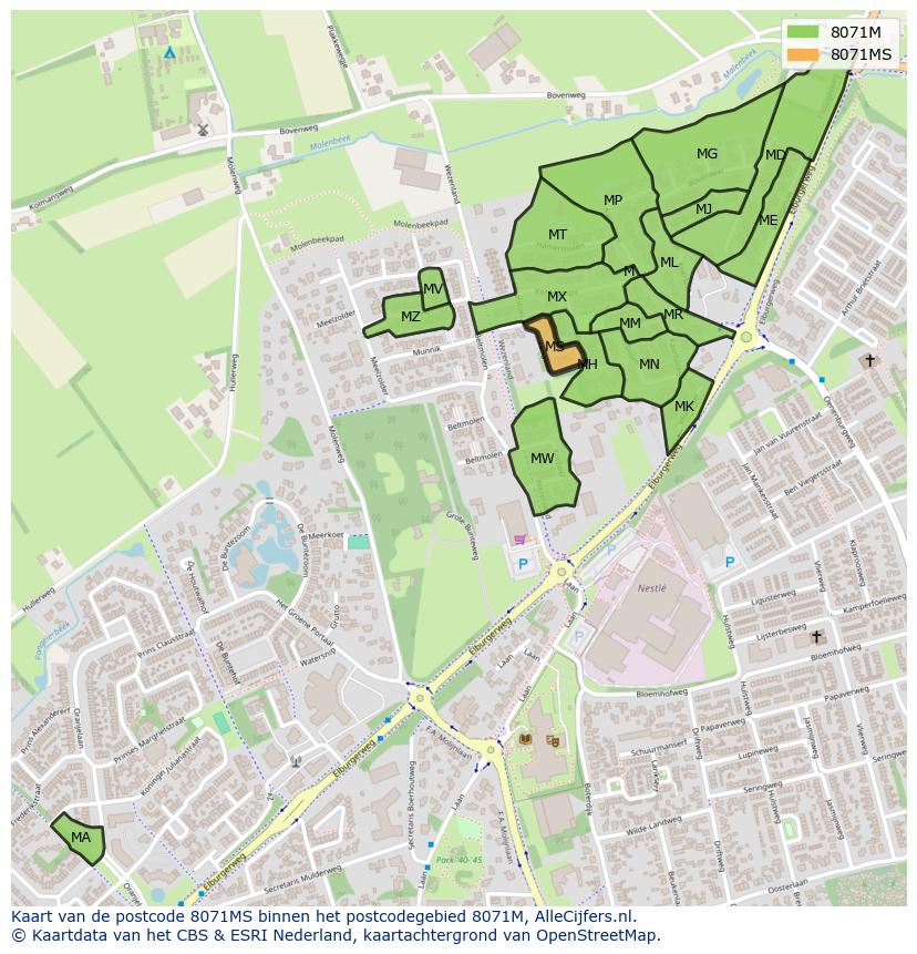 Afbeelding van het postcodegebied 8071 MS op de kaart.