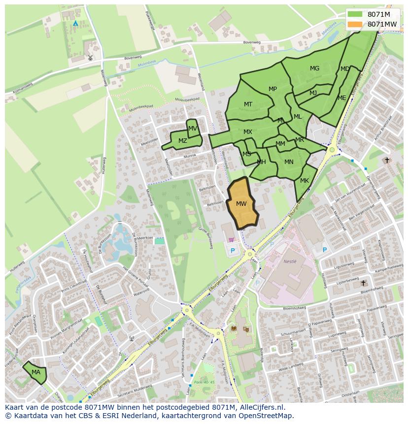 Afbeelding van het postcodegebied 8071 MW op de kaart.