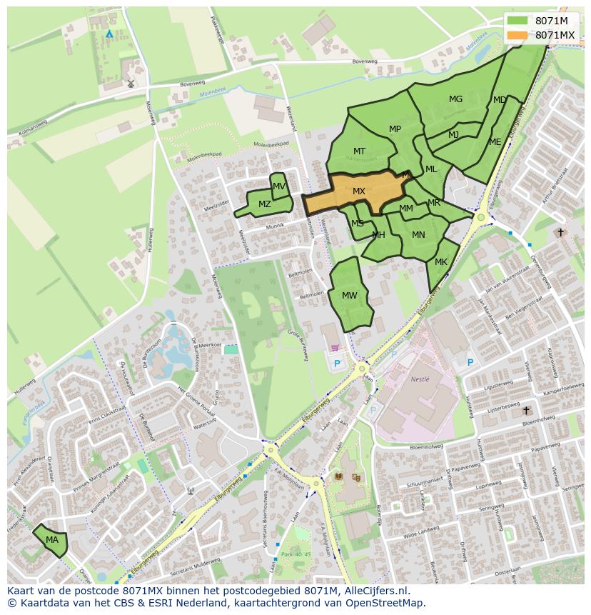 Afbeelding van het postcodegebied 8071 MX op de kaart.