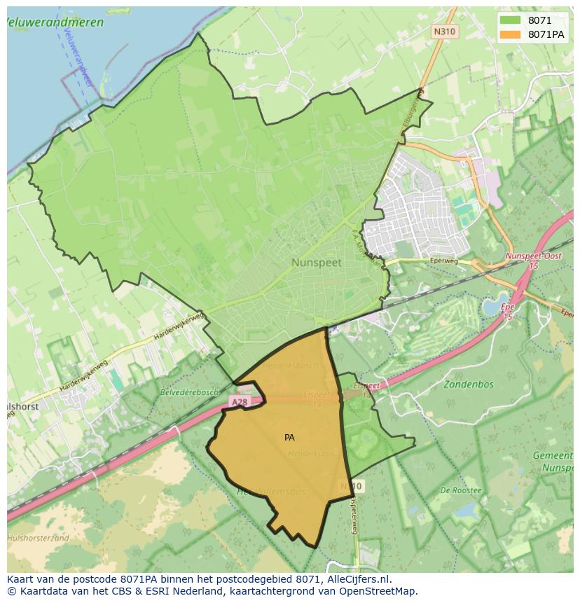 Afbeelding van het postcodegebied 8071 PA op de kaart.