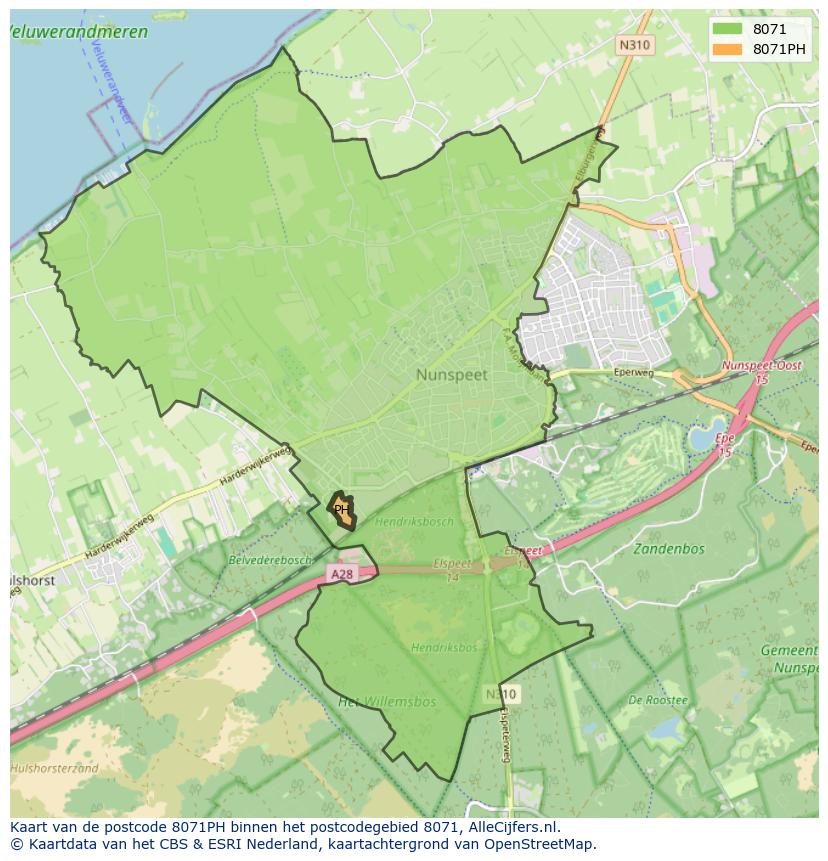 Afbeelding van het postcodegebied 8071 PH op de kaart.