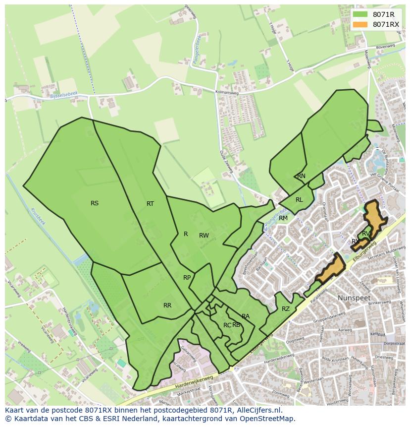 Afbeelding van het postcodegebied 8071 RX op de kaart.