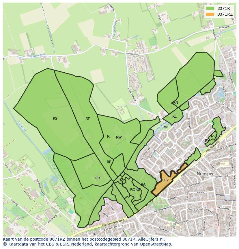 Afbeelding van het postcodegebied 8071 RZ op de kaart.