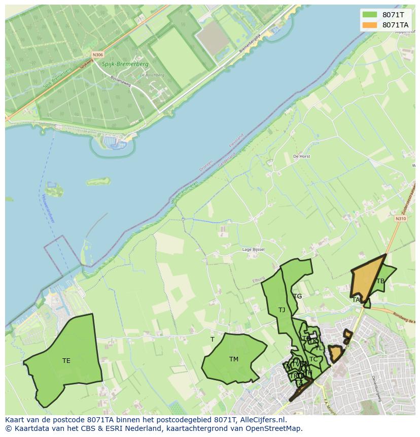 Afbeelding van het postcodegebied 8071 TA op de kaart.