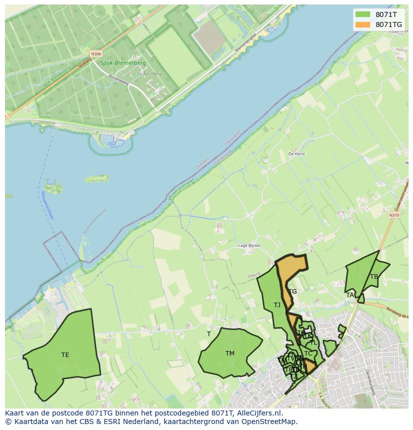 Afbeelding van het postcodegebied 8071 TG op de kaart.