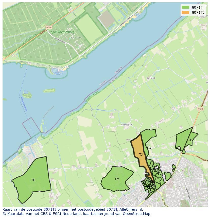 Afbeelding van het postcodegebied 8071 TJ op de kaart.