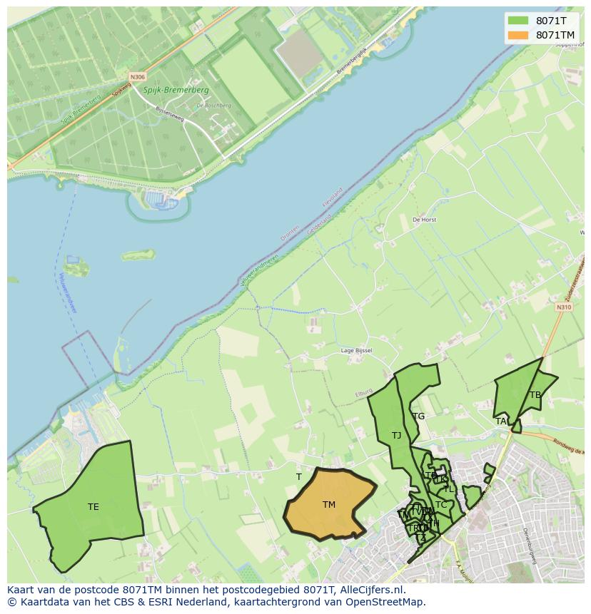 Afbeelding van het postcodegebied 8071 TM op de kaart.