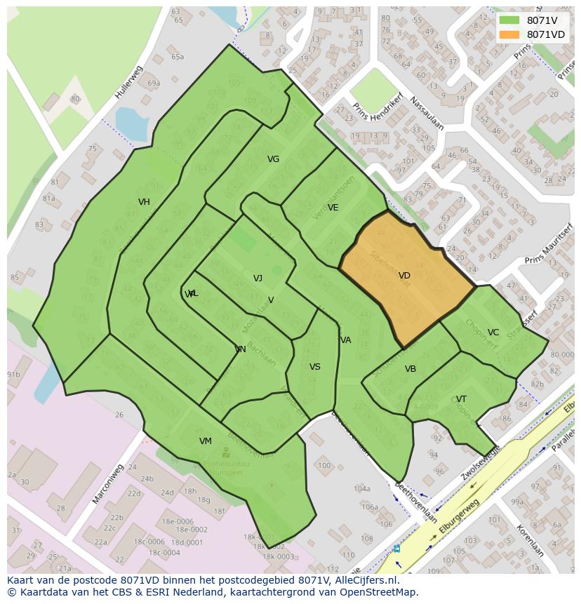 Afbeelding van het postcodegebied 8071 VD op de kaart.