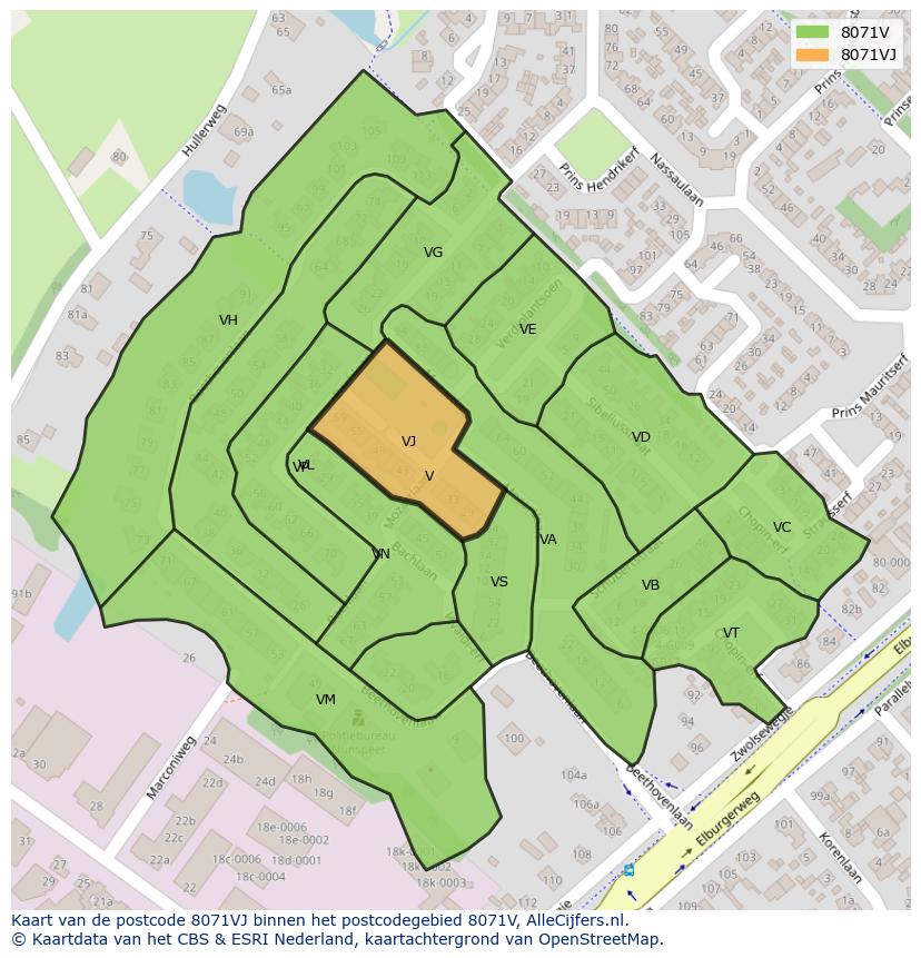 Afbeelding van het postcodegebied 8071 VJ op de kaart.