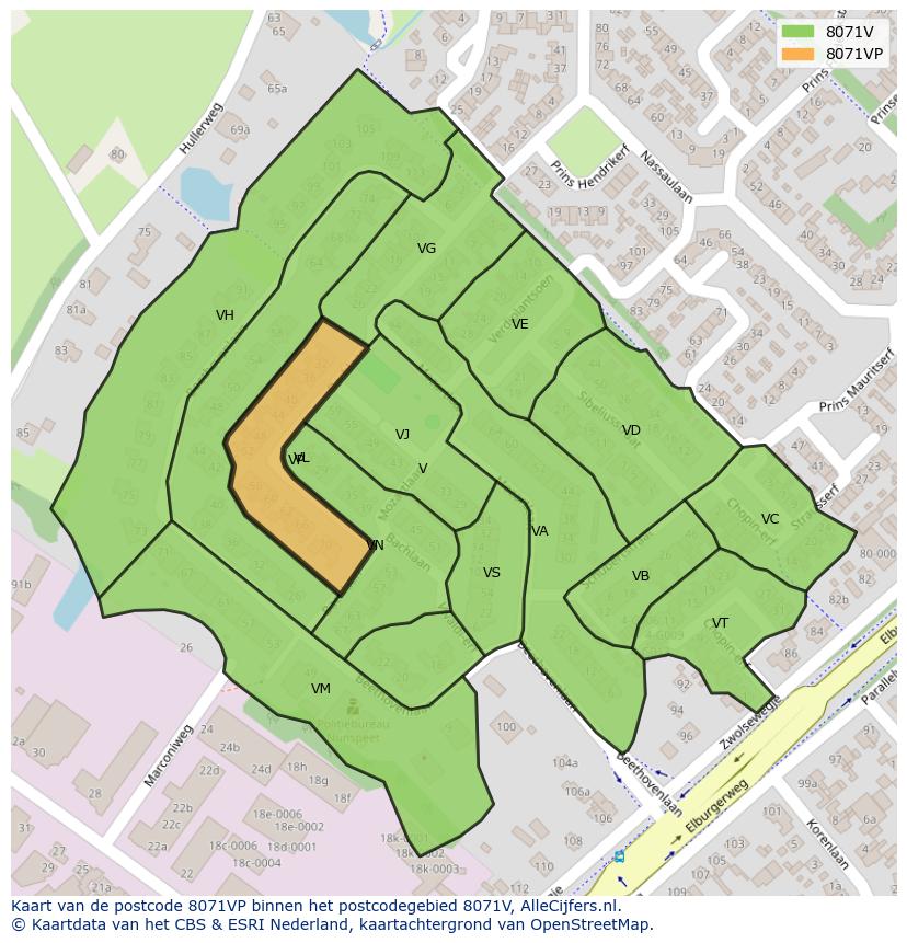 Afbeelding van het postcodegebied 8071 VP op de kaart.