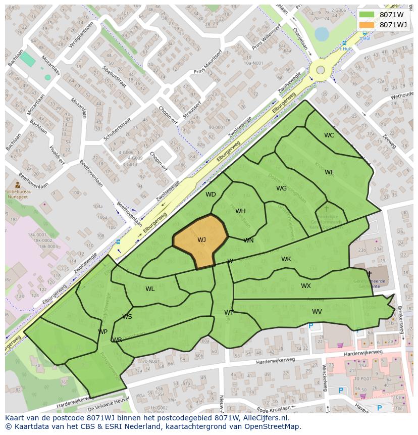 Afbeelding van het postcodegebied 8071 WJ op de kaart.