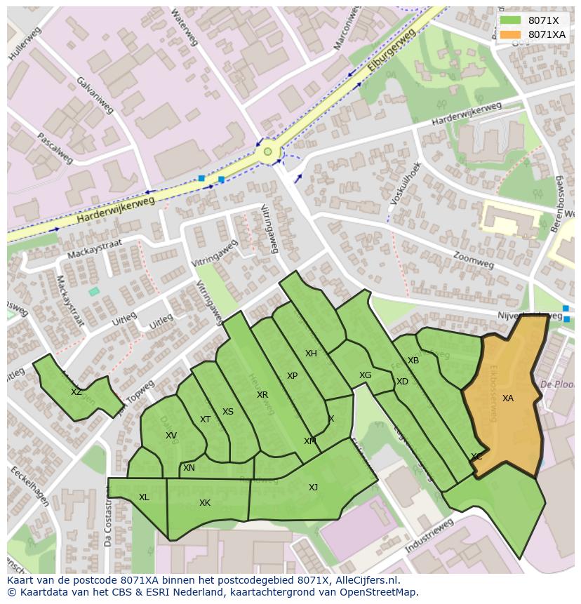 Afbeelding van het postcodegebied 8071 XA op de kaart.