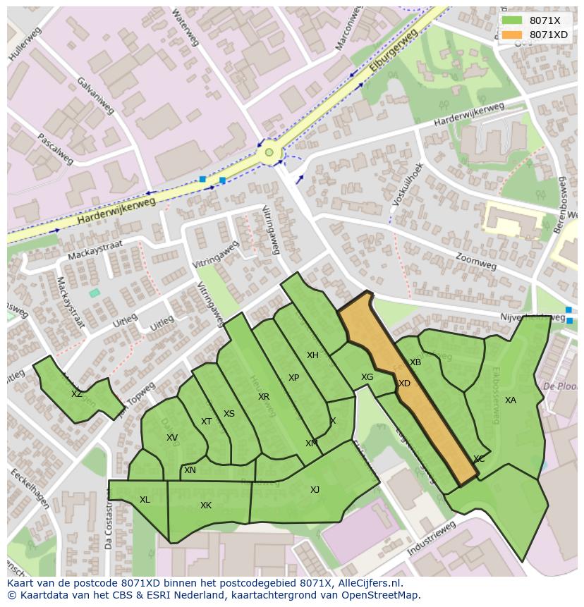 Afbeelding van het postcodegebied 8071 XD op de kaart.