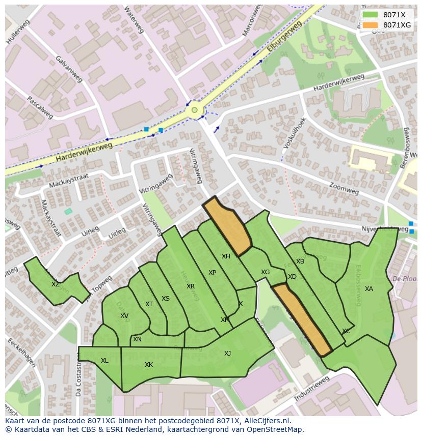 Afbeelding van het postcodegebied 8071 XG op de kaart.