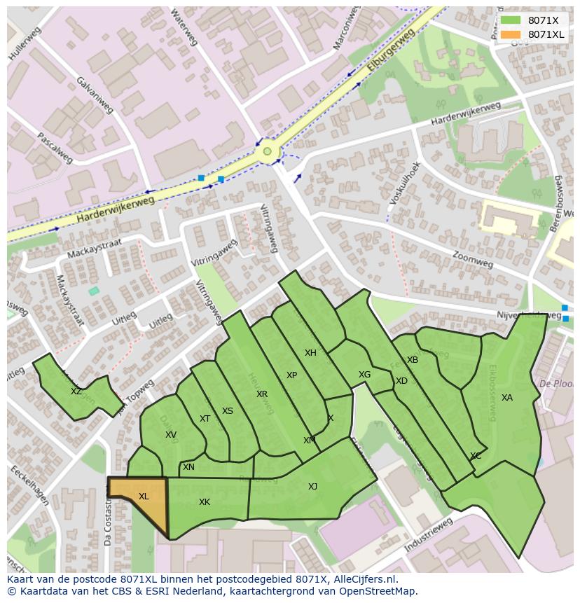 Afbeelding van het postcodegebied 8071 XL op de kaart.